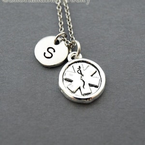 EMT sign, Emergency medical technician, ambulance technician, initial necklace, hand stamped, personalized, antique silver, monogram