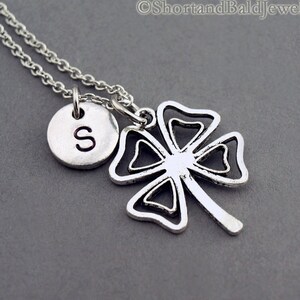 Four Leaf Clover necklace, lucky charm necklace, 4 leaf, Shamrock, initial necklace, hand stamped, personalized, antique silver, monogram