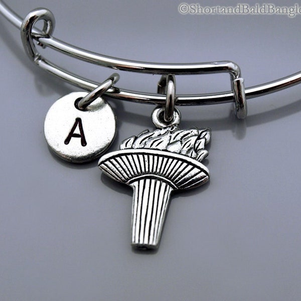 Torch charm bracelet, Olympics torch bangle, Olympic flame, Flame, Carry a torch, Torch charm jewelry, Charm bangle, Initial bracelet