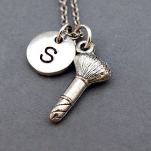 Cosmetic brush Necklace, Beautician necklace, makeup brush, antique silver, initial necklace, initial hand stamped, personalized, monogram