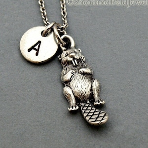 Beaver necklace, beaver charm, initial necklace, initial hand stamped, personalized, antique silver, monogram