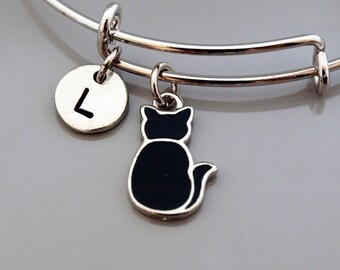 Pulseira de gato preto, Pulseira de gato preto, Gatinho, Gatinho, Joias com pingente de gato preto, Pulseira expansível, Pulseira personalizada, Pulseira com inicial