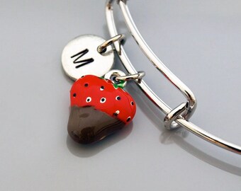 Chocolate covered strawberry, Chocolate dipped strawberry, Strawberry charm bracelet, Strawberry bangle, Strawberry jewelry