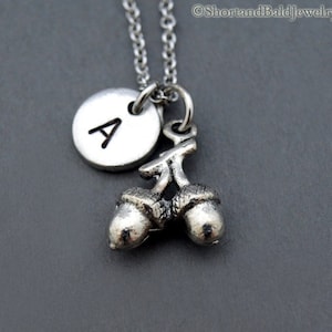 Acorn necklace, Silver Acorn charm necklace, Acorn jewelry, initial necklace, initial hand stamped, personalized, antique silver, monogram