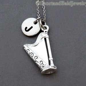 Harp Necklace, Harp charm jewelry, single-action pedal harp, initial necklace, initial hand stamped, personalized, antique silver, monogram