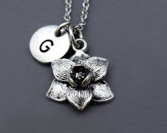 Magnolia flower necklace, Silver Magnolia flower charm, garden charm, Magnolia jewelry, initial necklace, personalized, monogram