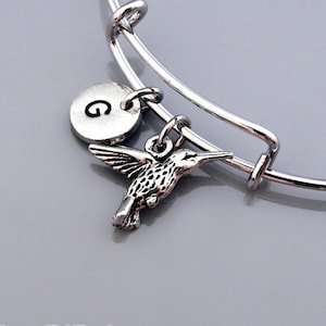 Hummingbird charm bangle, Humming bird, Hummingbird charm bracelet, Expandable bangle, Personalized bracelet, Initial bracelet