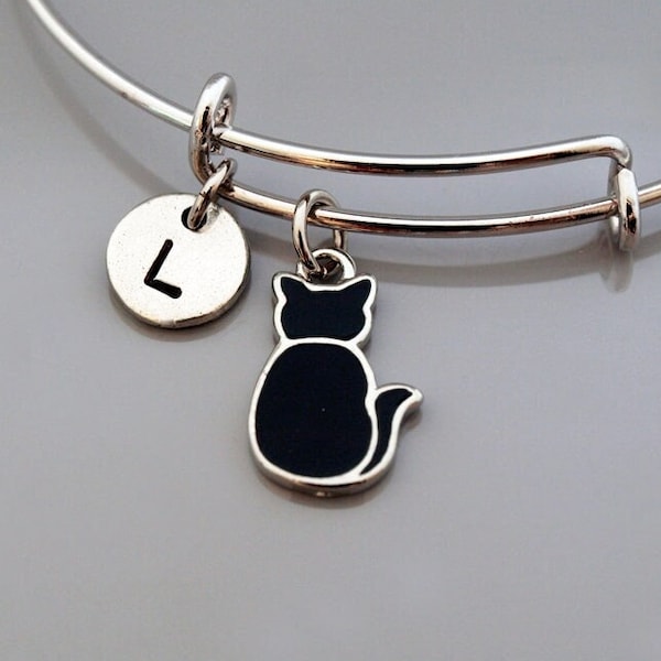 Black cat bangle, Black Cat bracelet, Kitten, Kitty, Black cat charm jewelry, Expandable bangle, Personalized bracelet, Initial bracelet