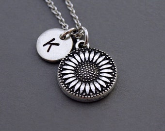 Sunflower necklace, Silver sunflower charm, Sunflower jewelry, Silver initial necklace, initial hand stamped, personalized, monogram