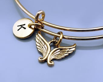 Angel Heart wings bangle, Angel wing bracelet, Guardian angel, Expandable bangle, Personalized bracelet, Charm bangle, Initial bracelet