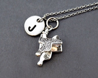 Western Saddle necklace, Western saddle charm, Horse saddle, Saddle charm, antique silver, initial necklace, personalized, monogram