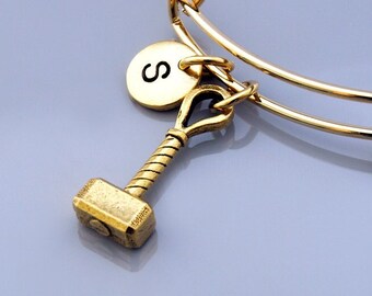 Thor's hammer, hammer of Thor, Mjölnir, norse thor, Gold thor's hammer, Expandable bangle, Charm bangle, Monogram, Initial bracelet