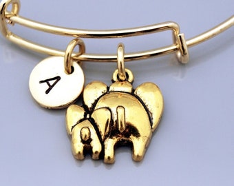 Pulsera de elefante, Mamá elefante y bebé, Elefante bebé, Pulsera expandible, Pulsera personalizada, Pulsera con dijes, Monograma, Pulsera con inicial