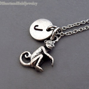 Monkey charm necklace, silver monkey, personalized monkey, initial necklace, initial hand stamped, personalized, antique silver, monogram