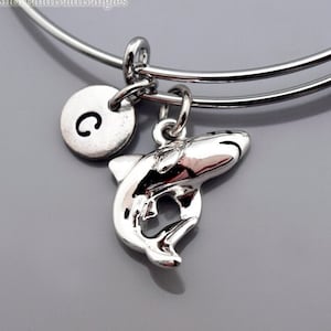 Shark Bangle, Shark charm bracelet, Great white shark charm, Expandable bangle, Personalized bracelet, Charm bangle, Initial bracelet