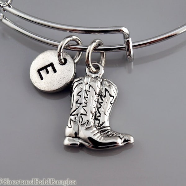 Cowboy boot charm bracelet, Cowboy boot bangle, cowgirl boot charm bracelet, Riding boot, Western boot bracelet, Initial bracelet