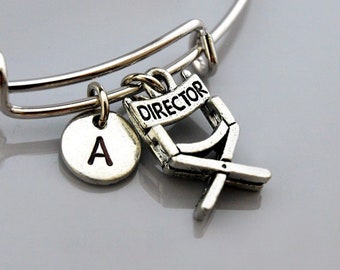Director's chair charm bangle, Director's chair bracelet, movie, film student, Expandable bangle, Personalized bracelet, Initial bracelet
