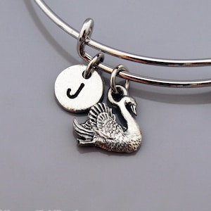 Swan charm Bangle, Swan bracelet, Bird, Expandable bangle, Personalized bracelet, Charm bangle, Monogram, Initial bracelet
