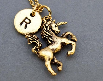 Unicorn necklace, Gold unicorn Charm necklace, Gold unicorn jewelry, initial necklace, initial hand stamped, personalized, monogram