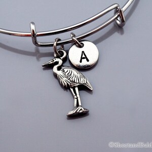 Heron charm Bangle, Heron bracelet, Bird, Heron charm jewelry, Expandable bangle, Personalized bracelet, Charm bangle, Initial bracelet