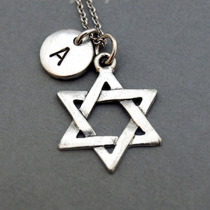 Star of David charm necklace, Shield of David, initial necklace, initial hand stamped, personalized, antique silver, monogram