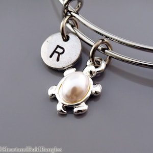 Turtle bangle, White pearl turtle shell, Turtle charm bracelet, Expandable bangle, Personalized bracelet, Charm bangle, Initial bracelet