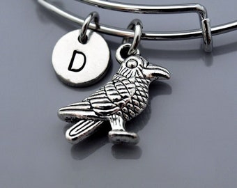 Raven bangle, Raven bracelet, Bird charm, Expandable bangle, Personalized bracelet, Charm bangle, Monogram, Initial bracelet