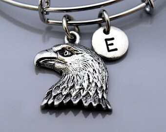 Adelaarskop armband, adelaar bedel, adelaar armband, zilveren adelaar, vogel, uitbreidbare armband, gepersonaliseerde armband, monogram, eerste armband