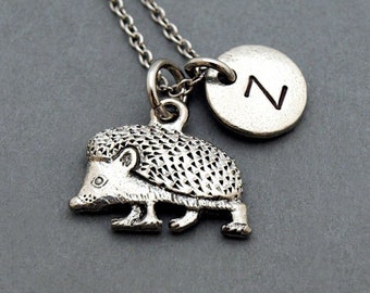 Hedgehog necklace, hedgehog charm, initial necklace, initial hand stamped, personalized, antique silver, monogram