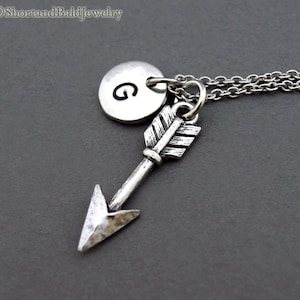 Arrow necklace, archery, silver arrow, Archer, arrowhead, small arrow, initial necklace, initial hand stamped, personalized, monogram