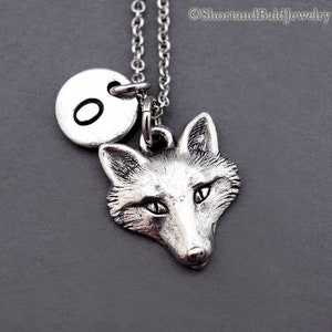 Fox Necklace, Fox head necklace, fox face, Silver fox charm, fox jewelry, initial necklace, personalized, antique silver, monogram