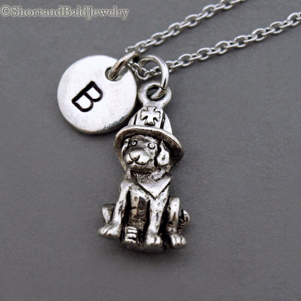 Fire dog, Dalmatian dog, Firefighter's necklace, Fireman's dog, firefighter's dog, antique silver, initial necklace, personalized, monogram