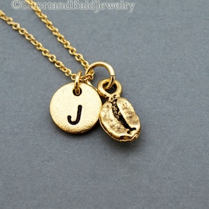 Tiny Coffee bean necklace, coffee bean charm, initial necklace, initial hand stamped, personalized, antique gold, monogram