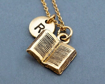 Book necklace, reading book, open book, book charm jewelry, writer necklace, gift for writer, initial necklace, personalized, monogram