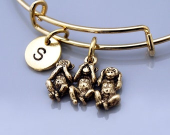 Three Monkeys, three wise monkeys, see no evil, hear no evil, speak no evil, Expandable bangle, Personalized, Monogram, Initial bracelet