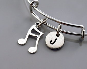 Music Note charm Bangle, music note bracelet, 16th note, sixteenth note, musician, Expandable bangle, Personalized bracelet Initial bracelet