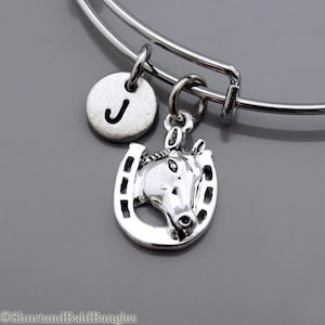 Horseshoe Bangle, Horseshoe bracelet, lucky charm bracelet, Horse bangle, Silver horse charm, Horse charm jewelry, Horse charm bracelet