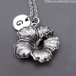 Hibiscus necklace, Hibiscus jewelry, Hibiscus charm necklace, antique silver, initial necklace, initial hand stamped, personalized, monogram