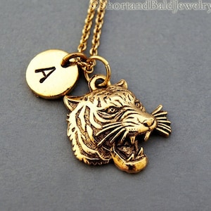 Roaring Tiger head necklace, Tiger charm, Tiger mask, initial necklace, initial hand stamped, personalized, antique gold, monogram