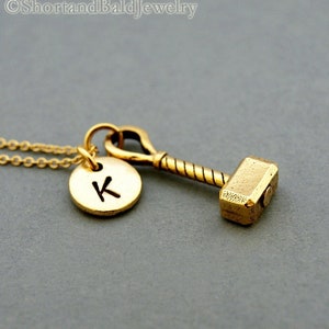 Thor&#39;s hammer necklace, hammer of Thor, Mjölnir, antique gold, initial necklace, initial hand stamped, personalized, monogram