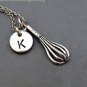 Whisk necklace, Kitchen whisk charm, Silver whisk, antique silver, initial necklace, initial hand stamped, personalized, monogram