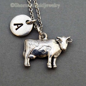 Cow charm necklace, cattle charm, milk cow, antique silver, initial necklace, initial hand stamped, personalized, monogram