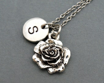 Rose necklace, Rose flower charm,  garden charm, antique silver, initial necklace, hand stamped, personalized, monogram