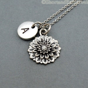 Chrysanthemum necklace, flower charm, Chrysanthemum flower, antique silver, initial necklace, hand stamped, personalized, monogram zdjęcie 1