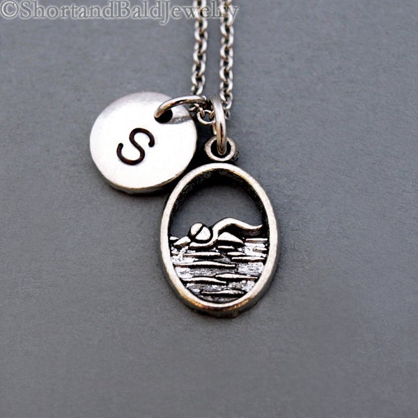 Swimming charm necklace, swim charm, swimmer necklace, antique silver, initial necklace, personalized, monogram