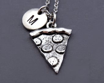 Pizza necklace, Pizza slice, pepperoni pizza, food charm, antique silver, initial necklace, initial hand stamped, personalized, monogram