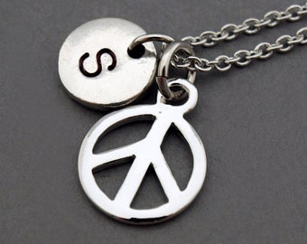 Peace sign necklace, peace symbol necklace, silver peace sign, initial necklace, hand stamped, personalized, antique silver, monogram