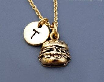 Hamburger necklace, Burger necklace, Gold burger charm, food charm, burger charm, Hambuger charm, initial necklace, personalized, monogram