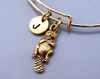 Beaver bangle, Beaver bracelet, Gold beaver, Expandable bangle, Personalized bracelet, Charm bangle, Monogram, Initial bracelet