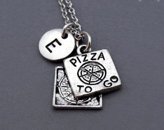 Pizza To Go charm Necklace, pizza necklace, food charm, antique silver, initial necklace, initial hand stamped, personalized, monogram